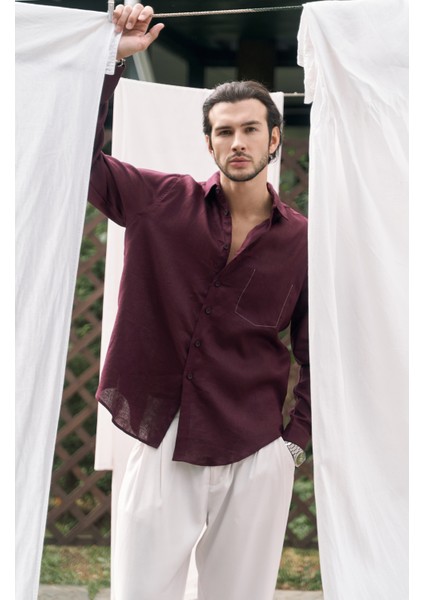 Ombretta Bordo Keten Oversize Erkek Gömlek