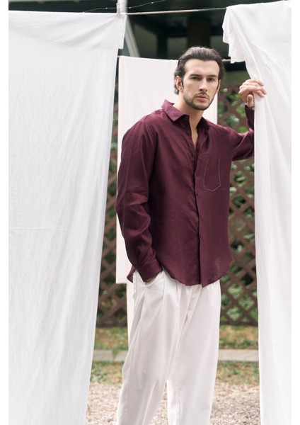 Ombretta Bordo Keten Oversize Erkek Gömlek fiyatları