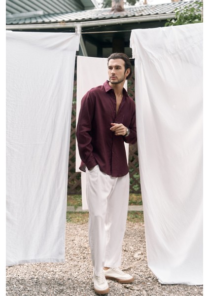 Ombretta Bordo Keten Oversize Erkek Gömlek modelleri