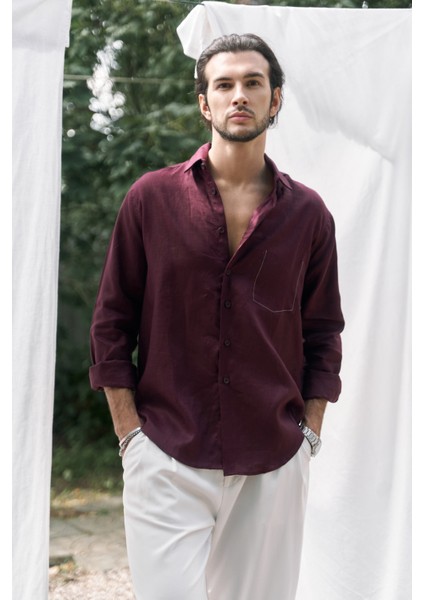 Ombretta Bordo Keten Oversize Erkek Gömlek fırsatları