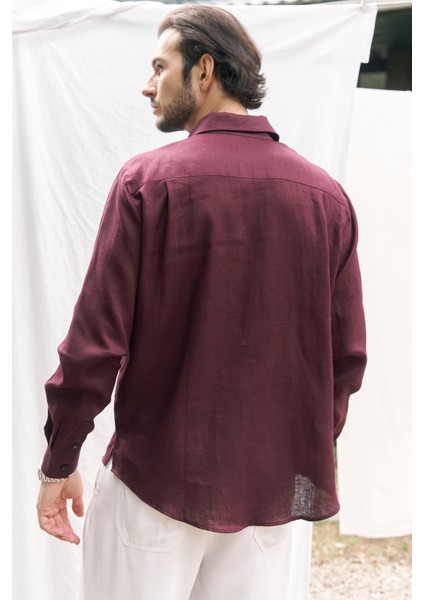 Ombretta Bordo Keten Oversize Erkek Gömlek indirimleri