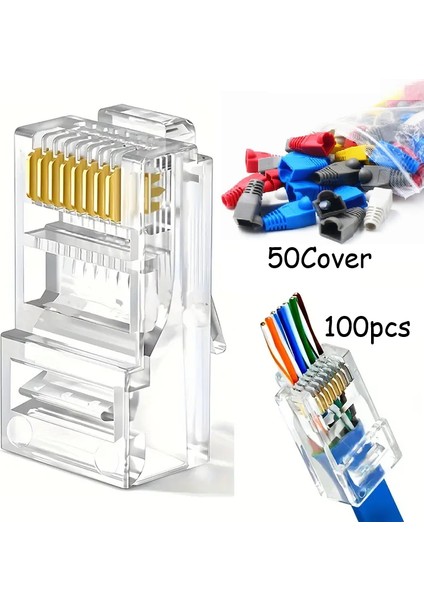 Yeni Nesil (Delikli - Açık Uçlu) Cat6 Ez RJ45 Jack (100 Adet) + Renkli Kılıf (50 Adet)