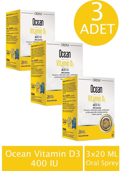 Ocean Vitamin D3 400 Iu Oral Sprey 20 ml 3 Adet