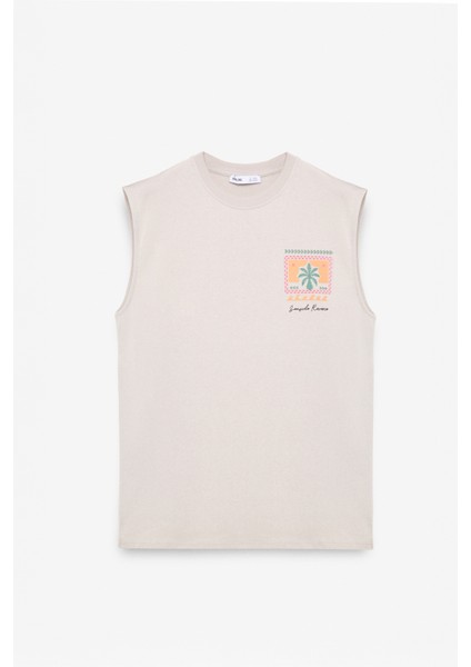 Rıto Erkek Bask Detaylı Bisiklet Yaka Oversize Fit Bej T-Shirt