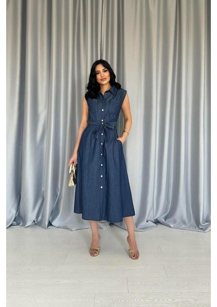 Mavi Tencel Çıtçıtlı Elbise