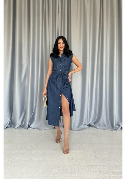 Mavi Tencel Çıtçıtlı Elbise