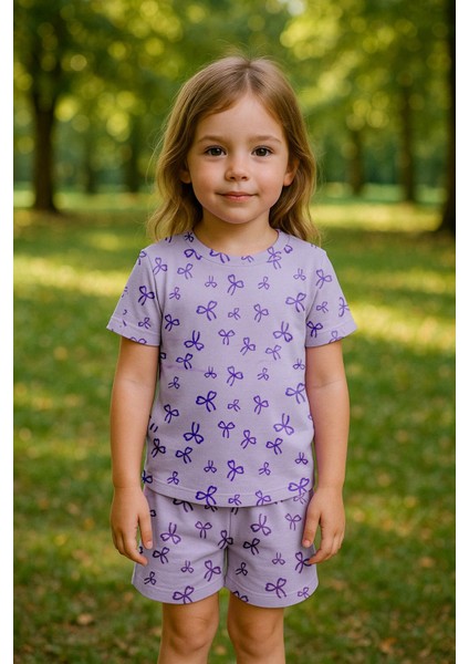 Kız Çocuk %100 Pamuk Kurdela Desenli Şortlu Takım (3-4 Yaş 8-9 Yaş)