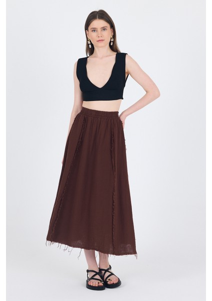 Kahve %100 Pamuk Müslin Midi Etek 7038