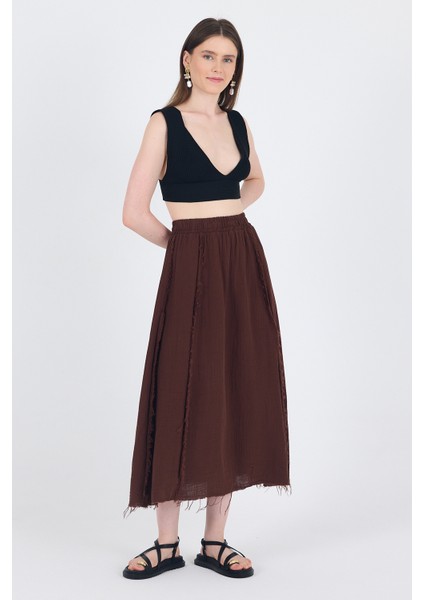 Kahve %100 Pamuk Müslin Midi Etek 7038 modelleri