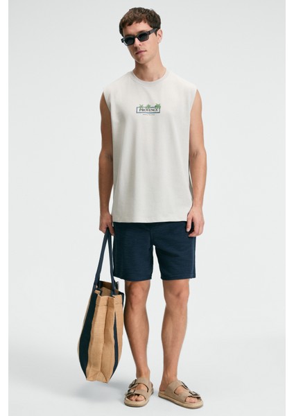 Phase Erkek Baskı Detaylı Bisiklet Yaka Oversize Fit Bej T-Shirt