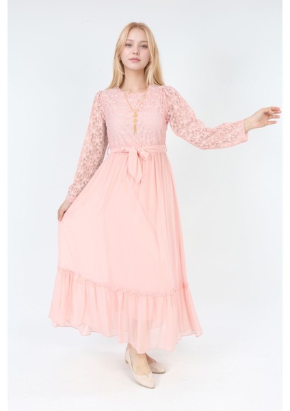 Kız Çocuk Güpür Desenli Pamuk Astarlı Tesettüre Uygun Uzun ELBISE-ABY-2016