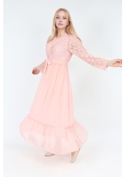 Kız Çocuk Güpür Desenli Pamuk Astarlı Tesettüre Uygun Uzun ELBISE-ABY-2016 fiyatları