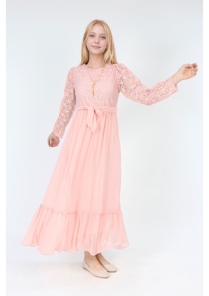 Kız Çocuk Güpür Desenli Pamuk Astarlı Tesettüre Uygun Uzun ELBISE-ABY-2016 fırsatları