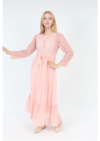 Kız Çocuk Güpür Desenli Pamuk Astarlı Tesettüre Uygun Uzun ELBISE-ABY-2016 indirimleri