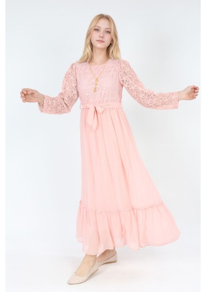 Kız Çocuk Güpür Desenli Pamuk Astarlı Tesettüre Uygun Uzun ELBISE-ABY-2016