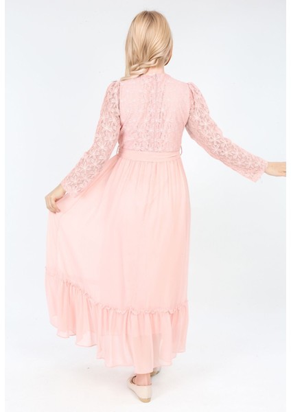 Kız Çocuk Güpür Desenli Pamuk Astarlı Tesettüre Uygun Uzun ELBISE-ABY-2016