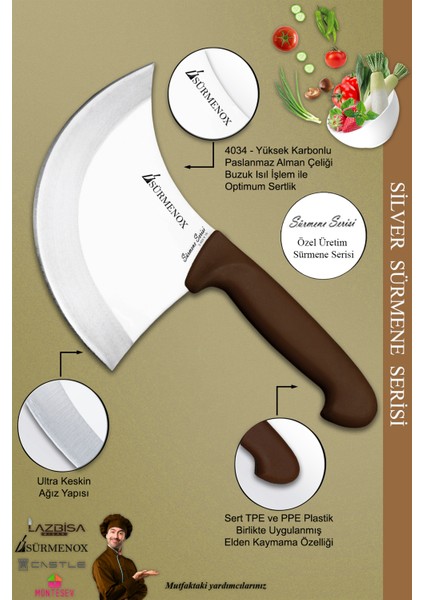 Sürmene Silver Serisi Kahve Sap Mutfak Bıçak Hilal Börek Bıçağı Pizza Pide Bıçağı 2 Li Set (SRM-023) modelleri