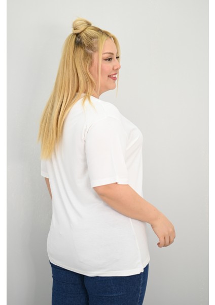 Kadın Büyük Beden Kısa Kollu Yakası Biye Detaylı Bluz 1970-25