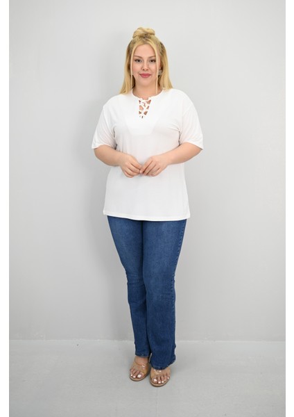 Kadın Büyük Beden Kısa Kollu Yakası Biye Detaylı Bluz 1970-25 fiyatları