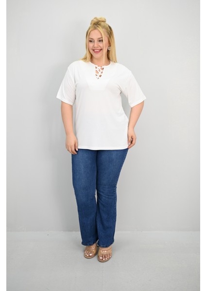 Kadın Büyük Beden Kısa Kollu Yakası Biye Detaylı Bluz 1970-25 modelleri