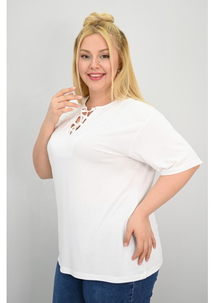 Kadın Büyük Beden Kısa Kollu Yakası Biye Detaylı Bluz 1970-25 indirimleri