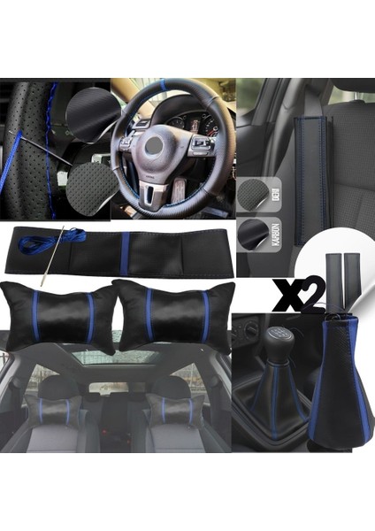 Üniversal Her Araca Uygun Vites Körüğü Direksiyon Kılıfı Emniyet Kemer Pedi Seti Boyun Yastığı Seti Full Set Mavi 6 Parçalı Set