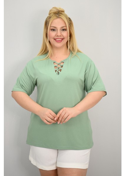 Kadın Büyük Beden Kısa Kollu Yakası Biye Detaylı Bluz 1970-25 fiyatları