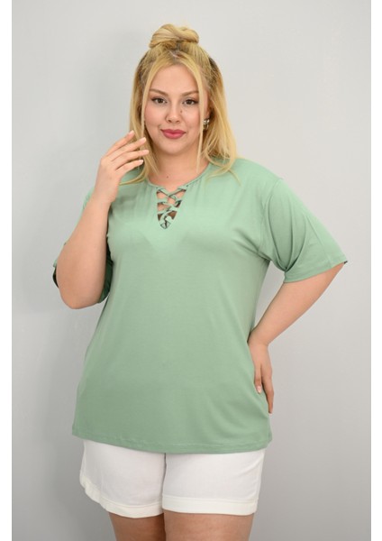 Kadın Büyük Beden Kısa Kollu Yakası Biye Detaylı Bluz 1970-25 fırsatları