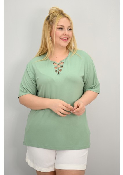 Kadın Büyük Beden Kısa Kollu Yakası Biye Detaylı Bluz 1970-25 indirimleri