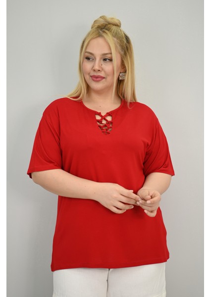 Kadın Büyük Beden Kısa Kollu Yakası Biye Detaylı Bluz 1970-25 modelleri