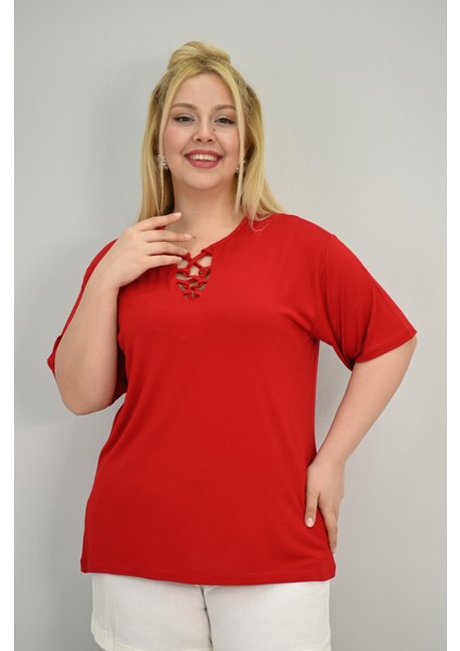 Kadın Büyük Beden Kısa Kollu Yakası Biye Detaylı Bluz 1970-25 fırsatları