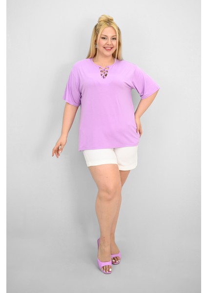 Kadın Büyük Beden Kısa Kollu Yakası Biye Detaylı Bluz 1970-25