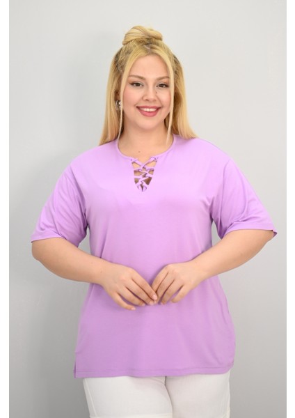 Kadın Büyük Beden Kısa Kollu Yakası Biye Detaylı Bluz 1970-25 modelleri