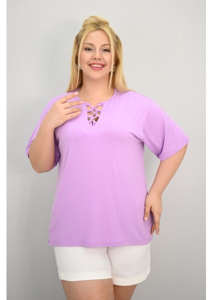 Kadın Büyük Beden Kısa Kollu Yakası Biye Detaylı Bluz 1970-25 fırsatları