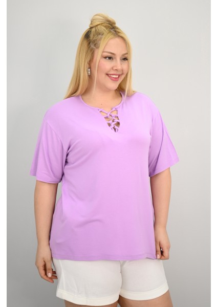 Kadın Büyük Beden Kısa Kollu Yakası Biye Detaylı Bluz 1970-25 indirimleri