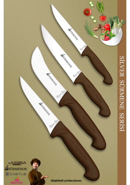 Sürmene Silver Serisi Kahve Sap Mutfak Bıçak Seti Et Ekmek Sebze Dilimleme Bıçağı 4 Lü Set (SRM-027)