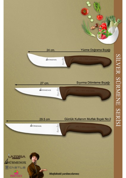 Sürmene Silver Serisi Kahve Sap Mutfak Bıçak Kurban Seti Et Ekmek Sebze Bıçağı 3 Lü Set (SRM-025) fiyatları