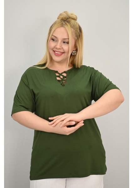 Kadın Büyük Beden Kısa Kollu Yakası Biye Detaylı Bluz 1970-25 fırsatları