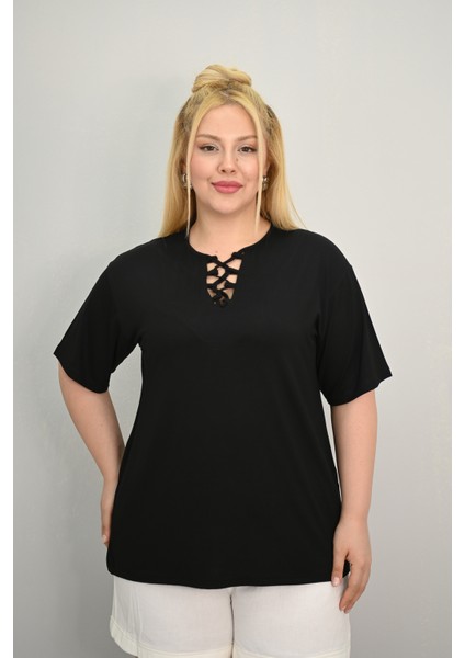 Kadın Büyük Beden Kısa Kollu Yakası Biye Detaylı Bluz 1970-25
