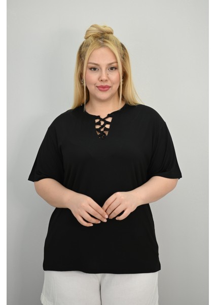 Kadın Büyük Beden Kısa Kollu Yakası Biye Detaylı Bluz 1970-25 modelleri