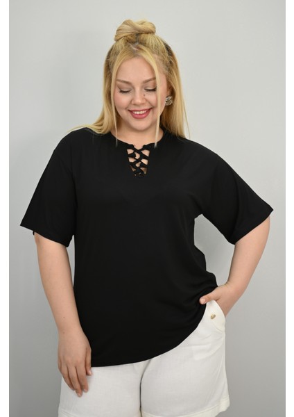 Kadın Büyük Beden Kısa Kollu Yakası Biye Detaylı Bluz 1970-25 fırsatları