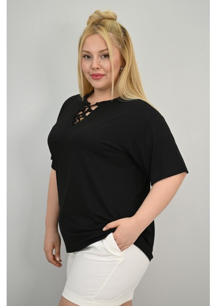 Kadın Büyük Beden Kısa Kollu Yakası Biye Detaylı Bluz 1970-25 indirimleri