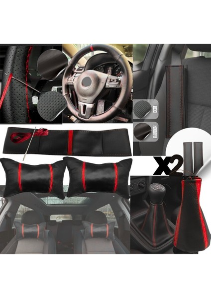 Universal Vites Körüğü Direksiyon Kılıfı Emniyet Kemer Pedi Seti Boyun Yastığı Seti Kırmızı