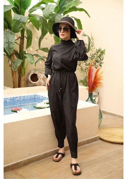 Paçası Pileli Tasarım Tesettür Paraşüt Kumaş Tulum Mayo