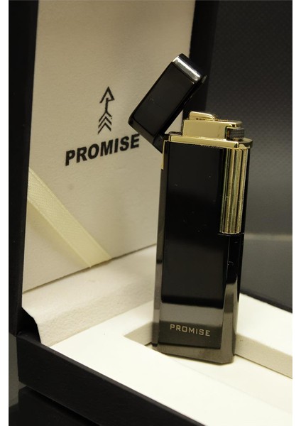 Promise Yandan Çarklı ve Özel Kutulu, Gazlı Ince Çakmak (Siyah Renk-Altın Sarısı Detaylı) modelleri