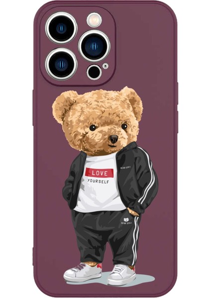 Iphone 13 Pro Max Kılıf Desenli Koyu Mor Lansman Silikon Içi Kadife Logo - Love Teddy Bear