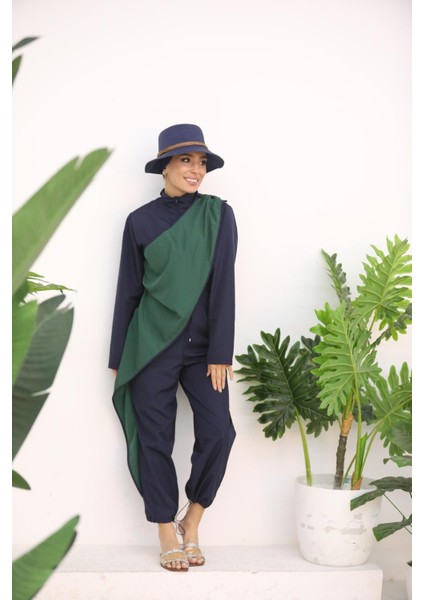 Ocean Yeşil Şeritli Lacivert Tasarım Tesettür Tulum Mayo