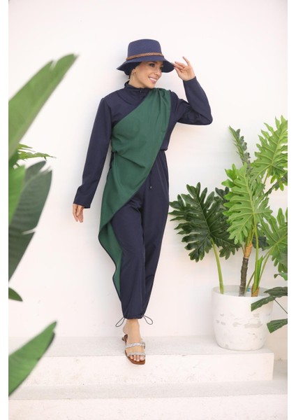 Ocean Yeşil Şeritli Lacivert Tasarım Tesettür Tulum Mayo fiyatları