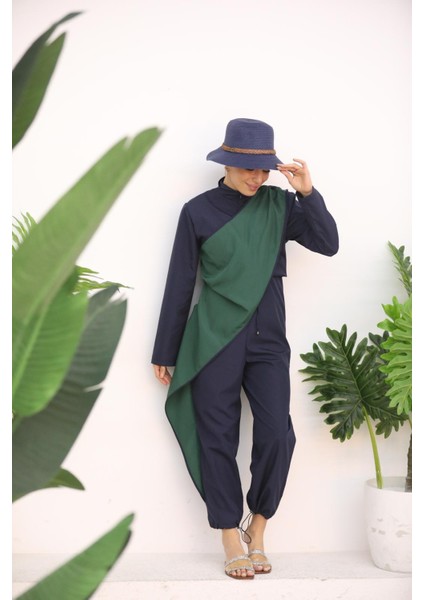 Ocean Yeşil Şeritli Lacivert Tasarım Tesettür Tulum Mayo modelleri