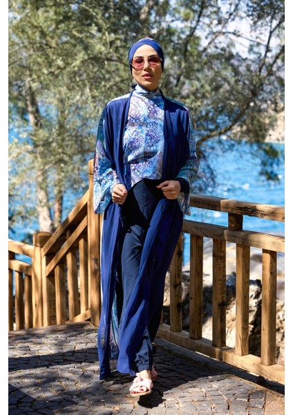 Blue Garden Desen Beli Bağcıklı Tasarım Tesettür Pareo